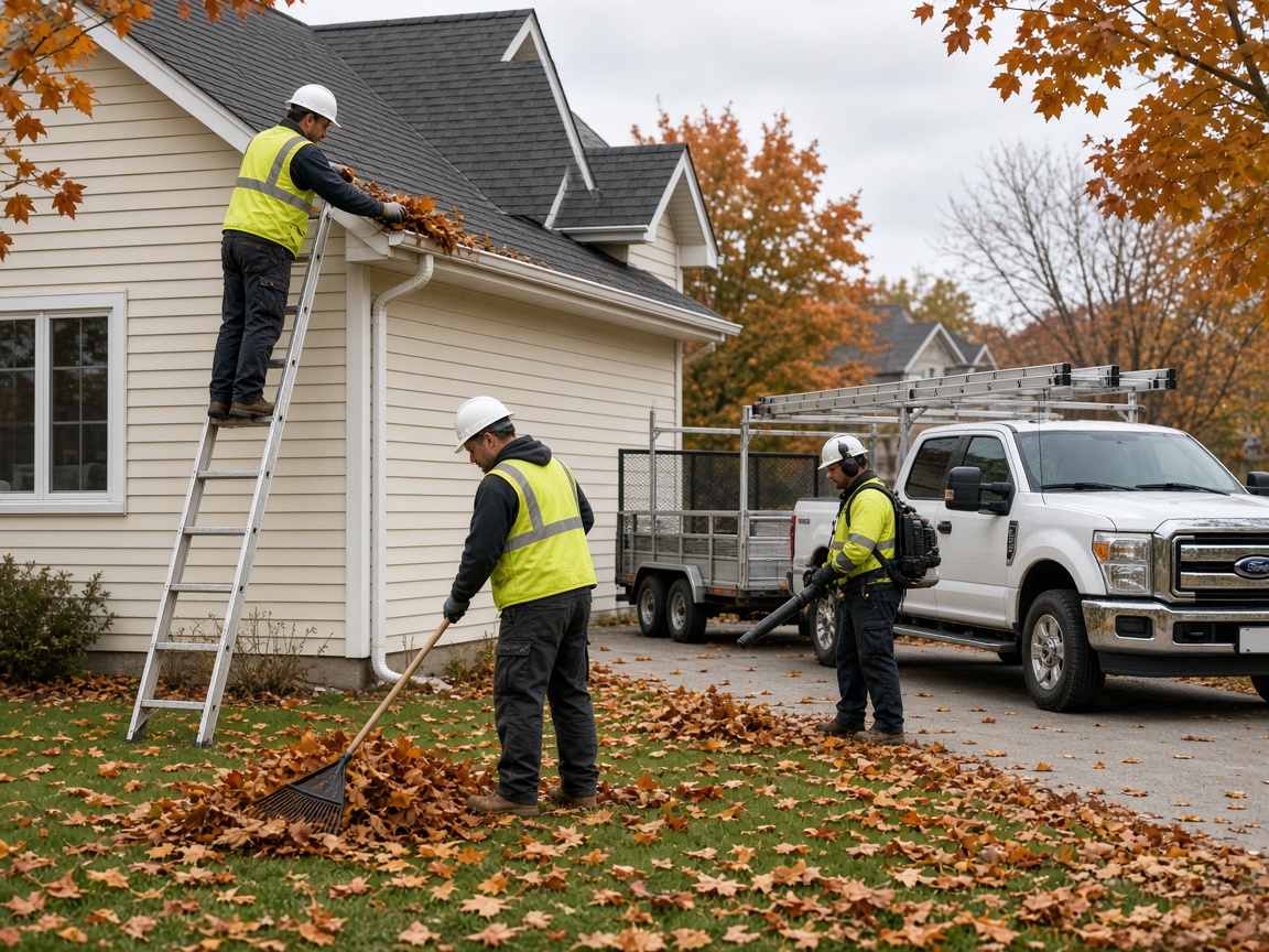 Contractors at a Greater Sudbury bungalow with cream siding, steel-grey roof, and a maple tree, doing exterior property work from a van in the driveway