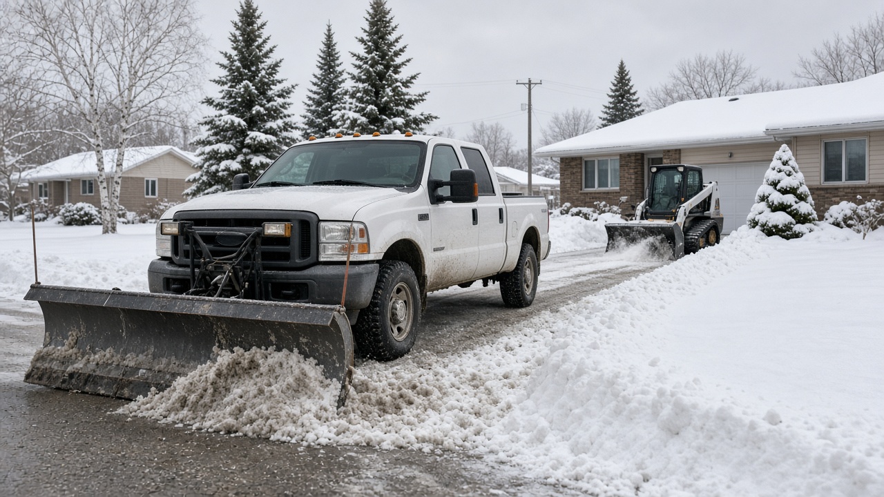Contractor pickup truck with plow and skid steer clearing a residential driveway in a Greater Sudbury winter neighborhood